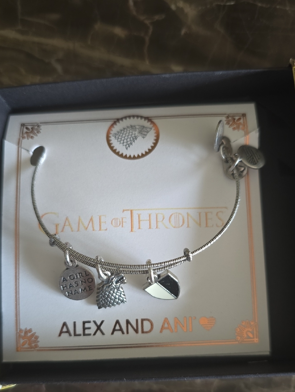 Alex and Ani Silver Game of Thrones Arya Stark  Charm Bangle And Collectible Box